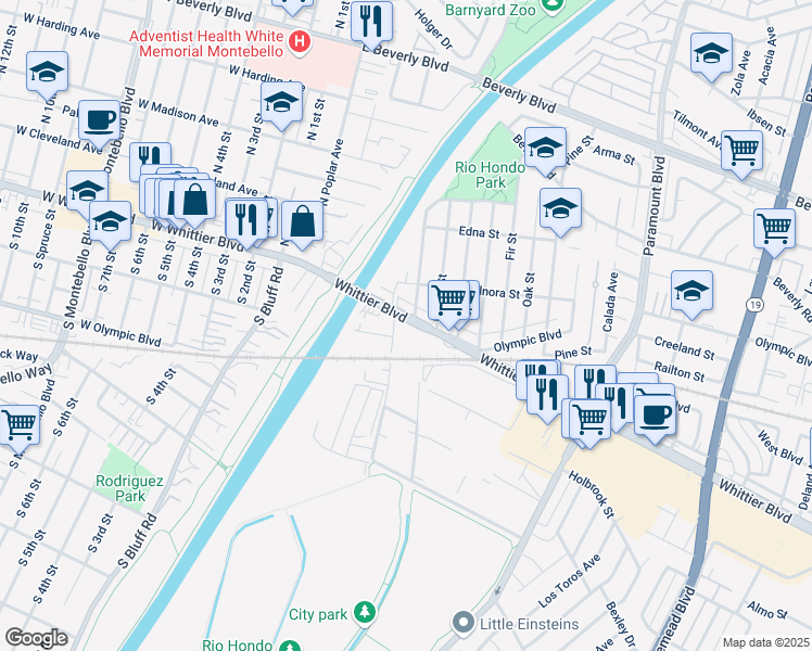 map of restaurants, bars, coffee shops, grocery stores, and more near 107 Van Norman Road in Montebello