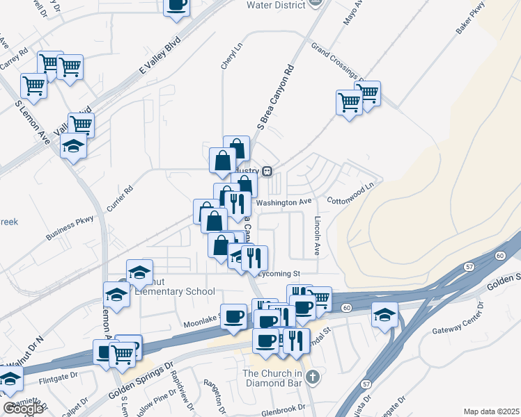 map of restaurants, bars, coffee shops, grocery stores, and more near 751 Windwood Drive in Walnut