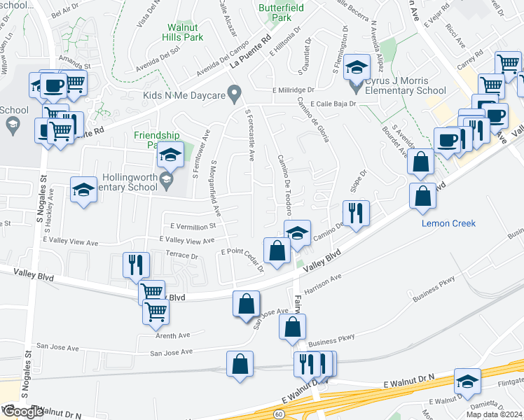 map of restaurants, bars, coffee shops, grocery stores, and more near 19601 Mackel Terrace in Walnut