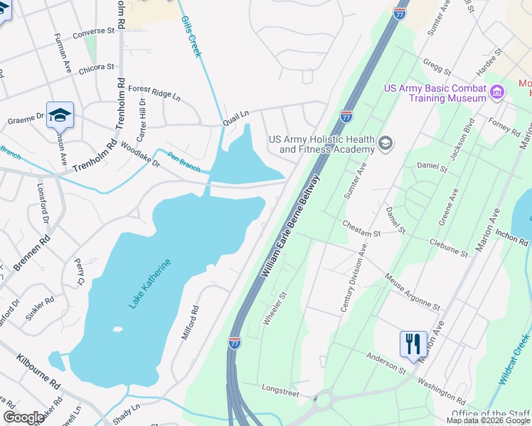 map of restaurants, bars, coffee shops, grocery stores, and more near 1731 Shady Lane in Columbia