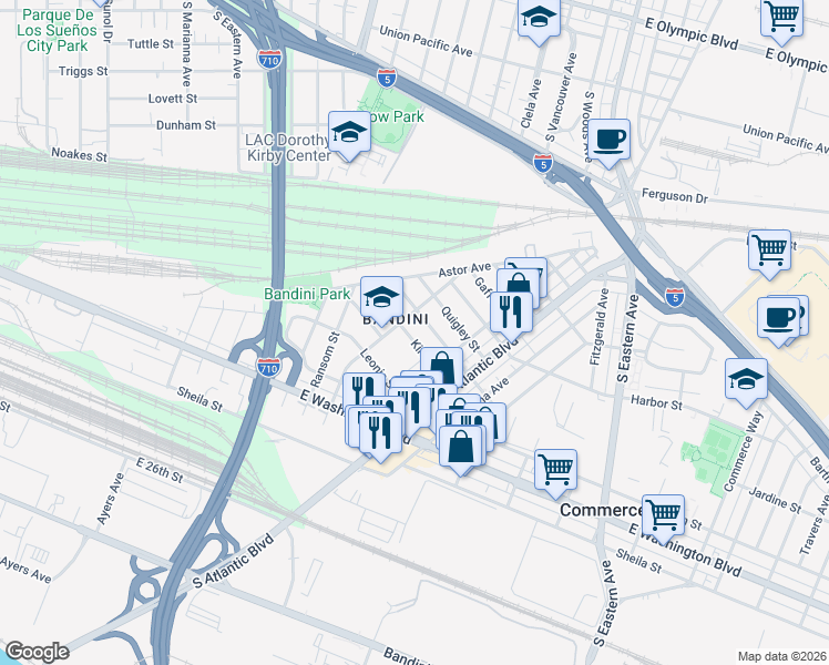 map of restaurants, bars, coffee shops, grocery stores, and more near 5012 Jardine Street in Commerce