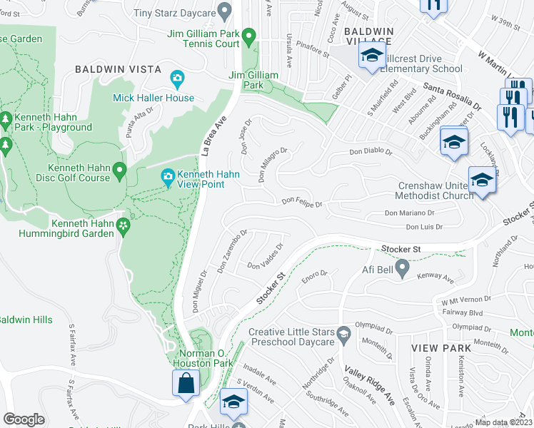 map of restaurants, bars, coffee shops, grocery stores, and more near 4509 Don Miguel Drive in Los Angeles