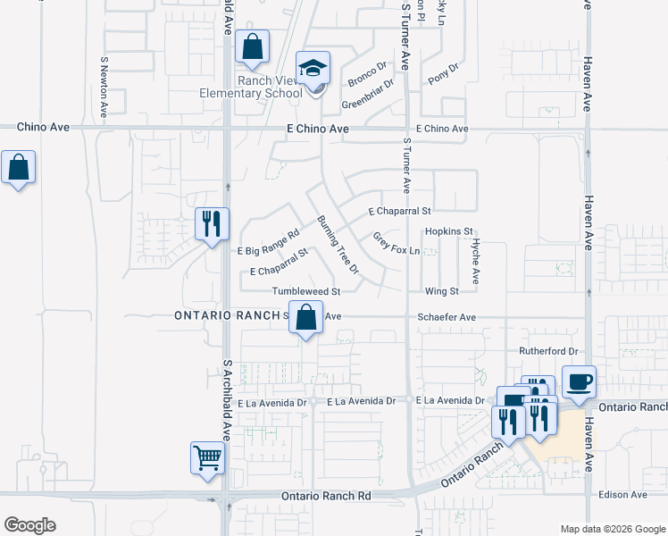 map of restaurants, bars, coffee shops, grocery stores, and more near 3676 Burning Tree Drive in Ontario