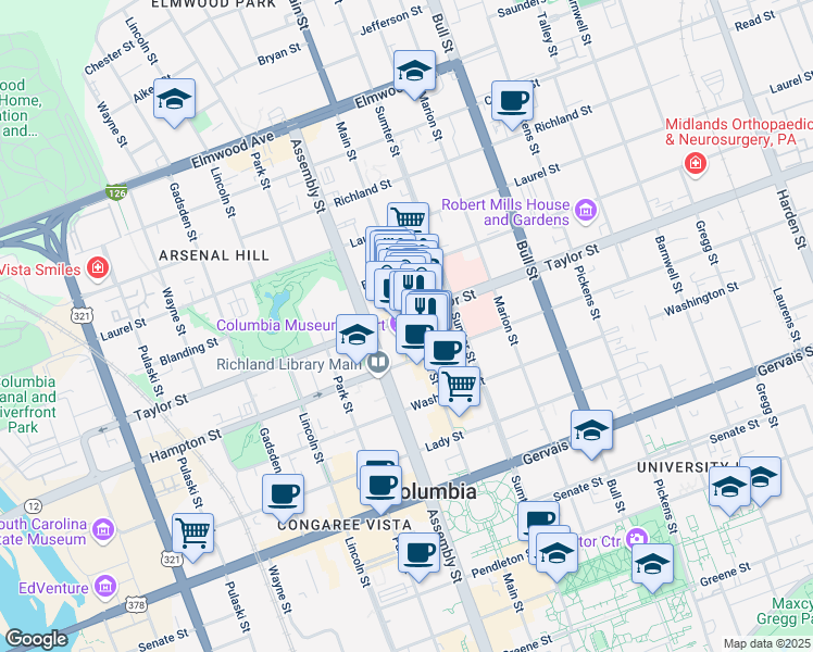 map of restaurants, bars, coffee shops, grocery stores, and more near 1545 Main Street in Columbia
