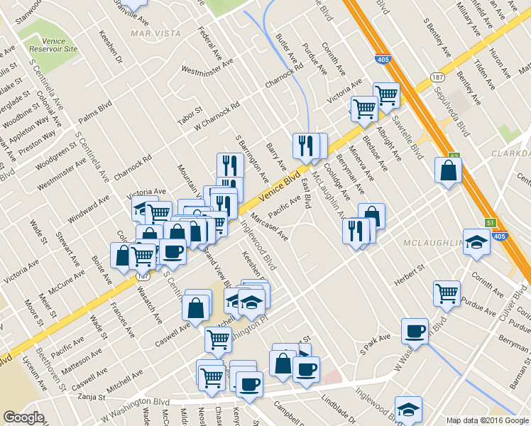 map of restaurants, bars, coffee shops, grocery stores, and more near 11931 Pacific Avenue in Los Angeles