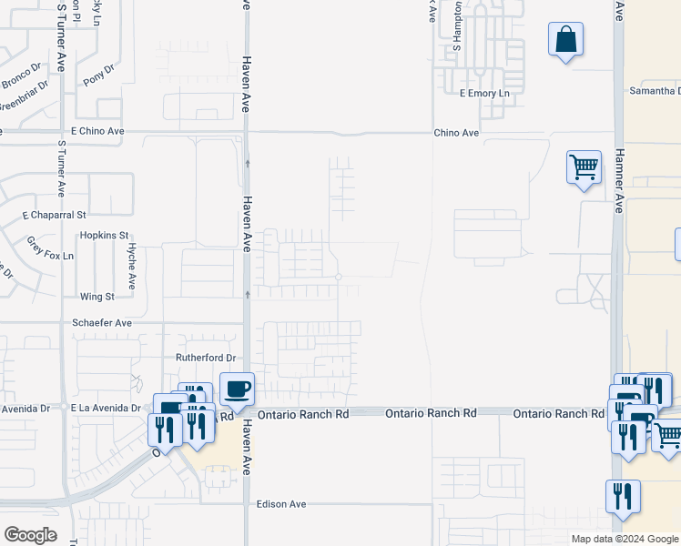 map of restaurants, bars, coffee shops, grocery stores, and more near 13661 South Haven Avenue in Ontario