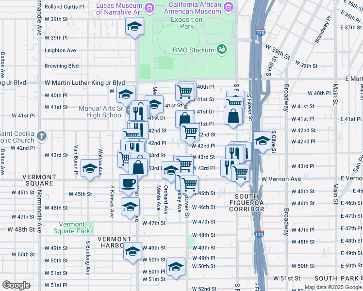 map of restaurants, bars, coffee shops, grocery stores, and more near 4216 South Hoover Street in Los Angeles