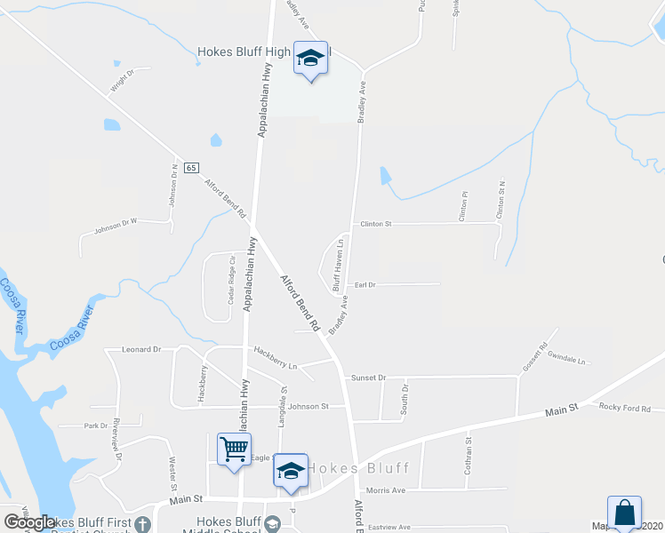 map of restaurants, bars, coffee shops, grocery stores, and more near 2430 Bluff Haven Lane in Gadsden