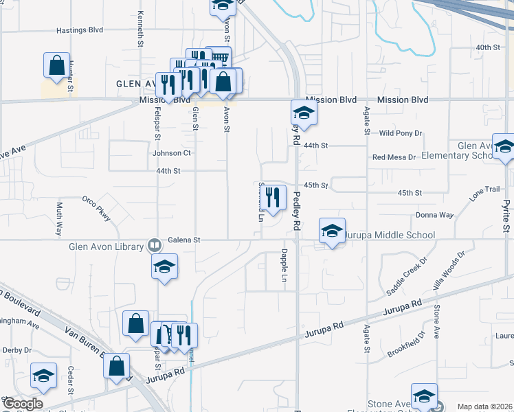map of restaurants, bars, coffee shops, grocery stores, and more near 4501 Shetland Lane in Riverside