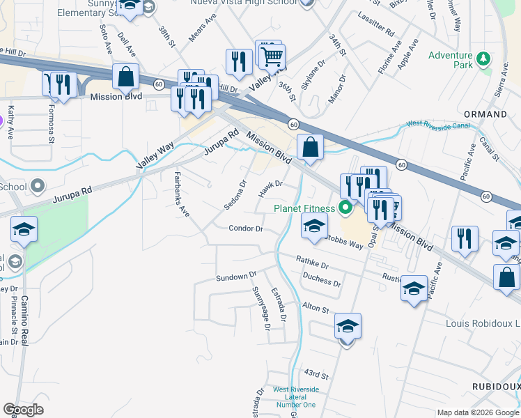 map of restaurants, bars, coffee shops, grocery stores, and more near 6661 Raven Circle in Riverside