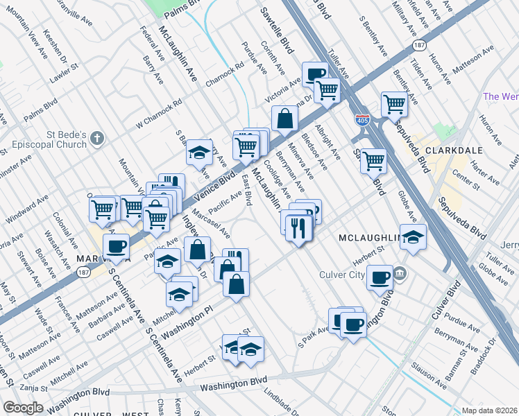map of restaurants, bars, coffee shops, grocery stores, and more near 3904 East Boulevard in Los Angeles
