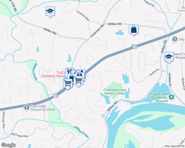 map of restaurants, bars, coffee shops, grocery stores, and more near 4021 Edgecomb Drive in Roswell