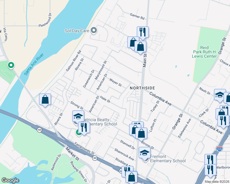 map of restaurants, bars, coffee shops, grocery stores, and more near 4060 Strawberry Street in Riverside