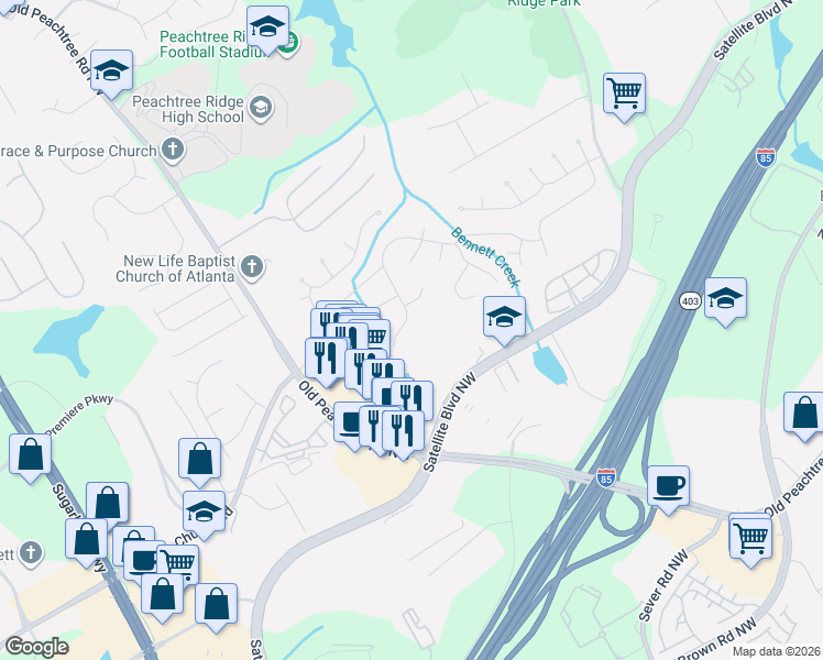map of restaurants, bars, coffee shops, grocery stores, and more near 3128 Savannah Walk Lane in Suwanee