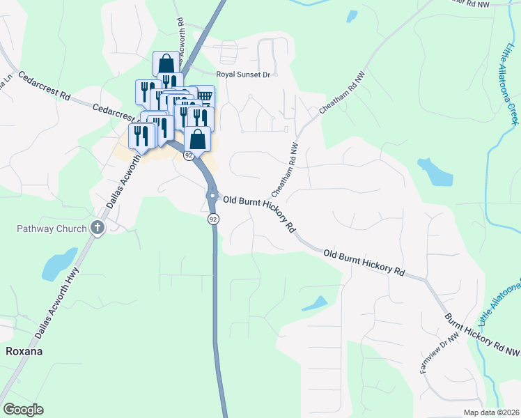 map of restaurants, bars, coffee shops, grocery stores, and more near 162 Old Burnt Hickory Road in Acworth