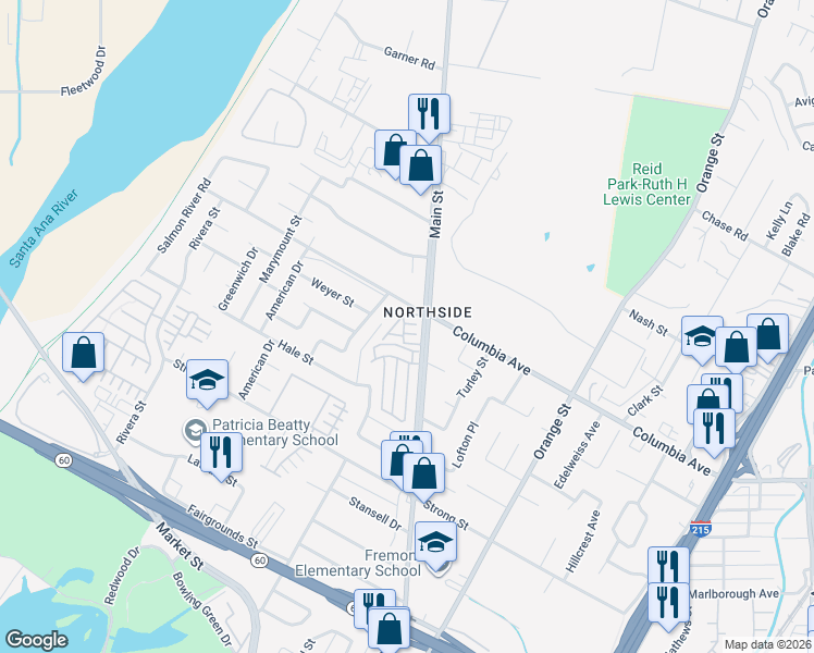 map of restaurants, bars, coffee shops, grocery stores, and more near 3820 Clarkson Street in Riverside