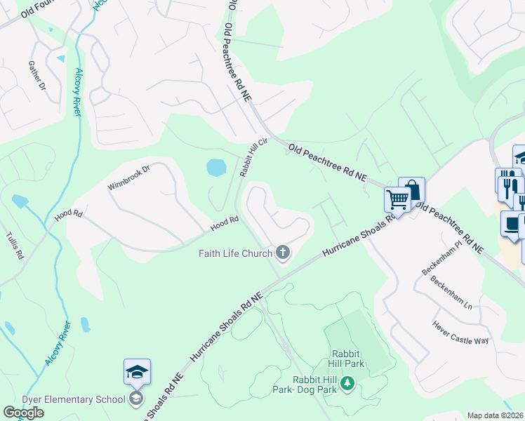 map of restaurants, bars, coffee shops, grocery stores, and more near 2247 Peach Shoals Circle in Dacula