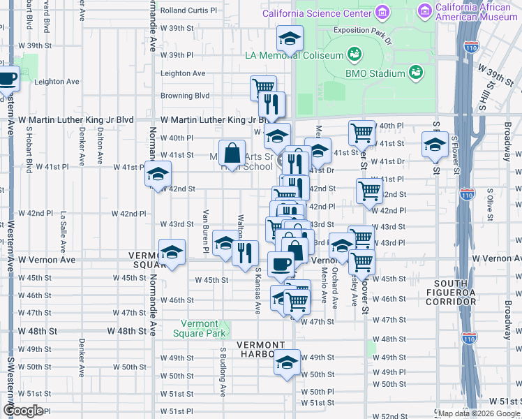 map of restaurants, bars, coffee shops, grocery stores, and more near 1037 1/2 West 42nd Place in Los Angeles