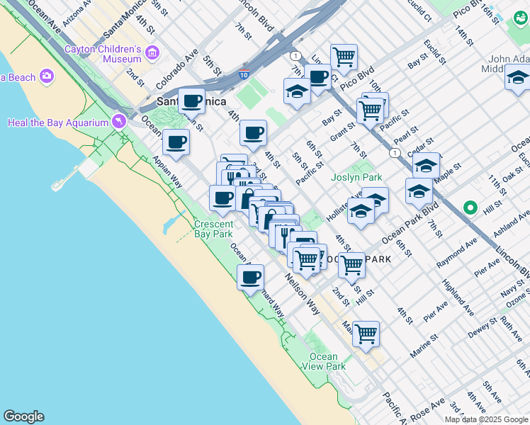 map of restaurants, bars, coffee shops, grocery stores, and more near 213 Pacific Street in Santa Monica