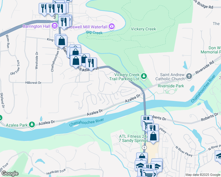 map of restaurants, bars, coffee shops, grocery stores, and more near 511 Warm Springs Circle in Roswell