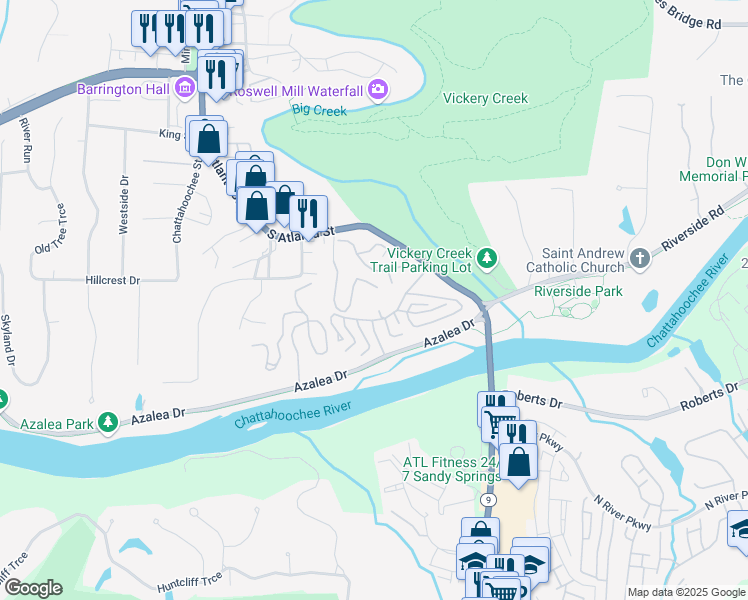 map of restaurants, bars, coffee shops, grocery stores, and more near 529 Warm Springs Circle in Roswell