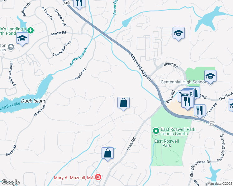 map of restaurants, bars, coffee shops, grocery stores, and more near 2075 Six Branches Drive in Roswell