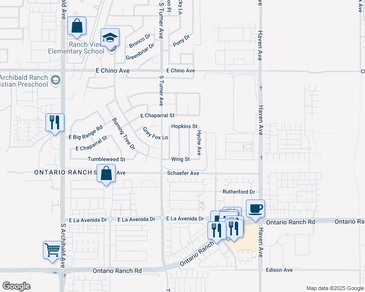 map of restaurants, bars, coffee shops, grocery stores, and more near 3693 South Grower Avenue in Ontario
