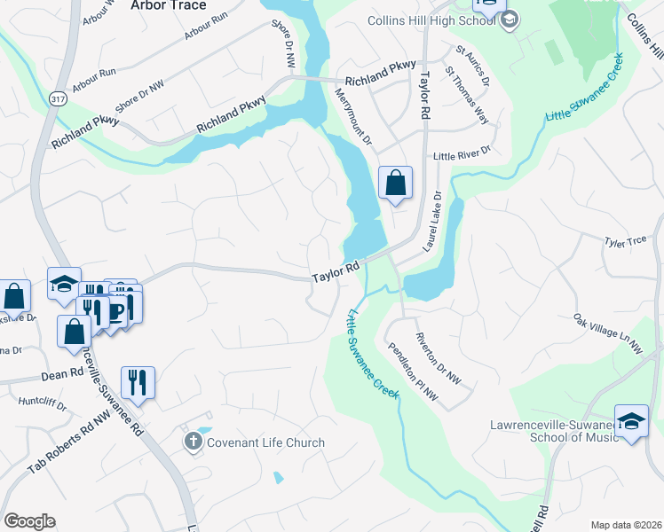 map of restaurants, bars, coffee shops, grocery stores, and more near 2035 Calmwater Court in Suwanee