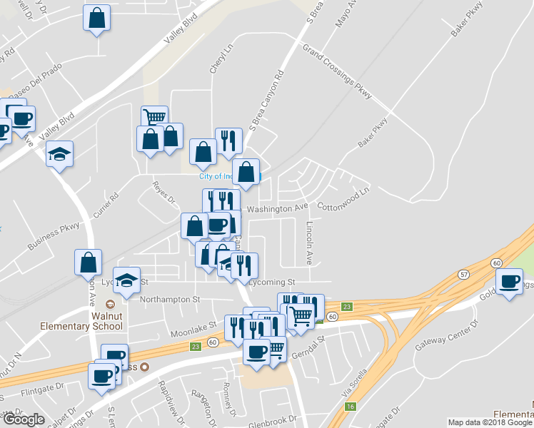 map of restaurants, bars, coffee shops, grocery stores, and more near 715 Windwood Drive in Walnut