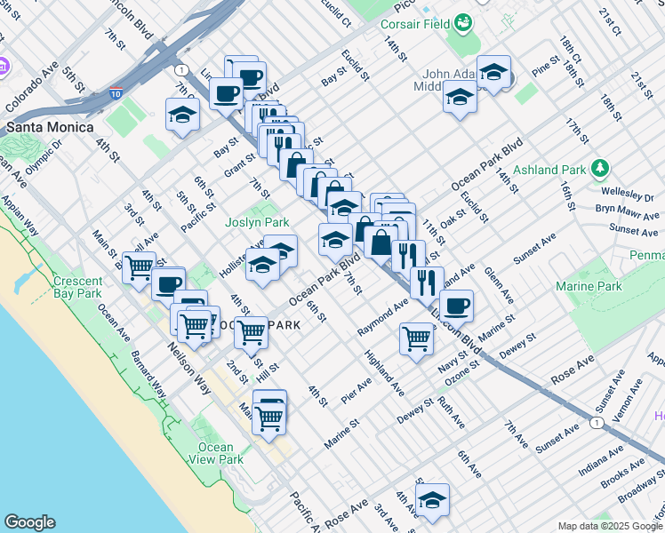 map of restaurants, bars, coffee shops, grocery stores, and more near 709 Ocean Park Boulevard in Santa Monica