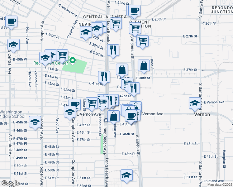 map of restaurants, bars, coffee shops, grocery stores, and more near 1745 East 42nd Street in Los Angeles