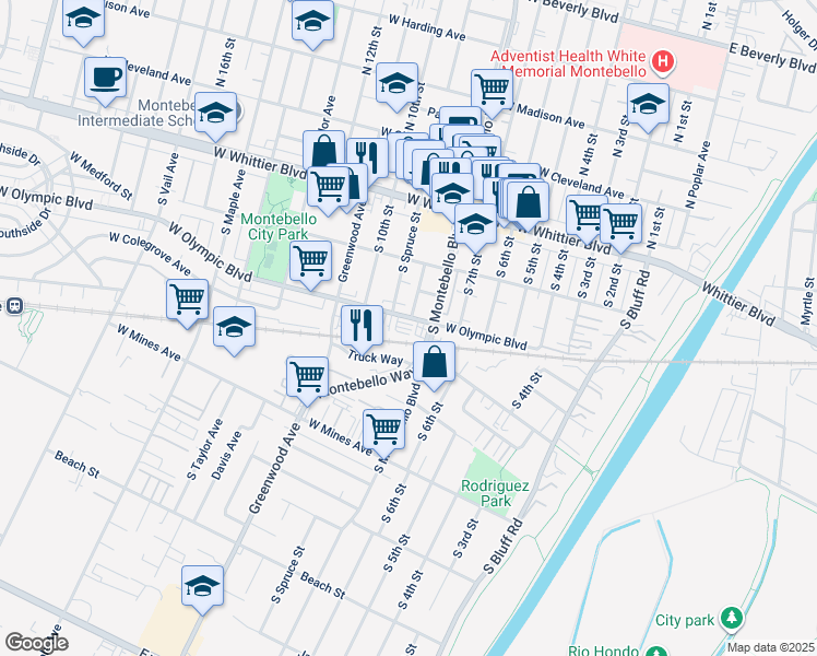 map of restaurants, bars, coffee shops, grocery stores, and more near 815 West Olympic Boulevard in Montebello