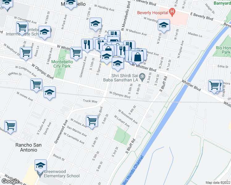 map of restaurants, bars, coffee shops, grocery stores, and more near 252 South 7th Street in Montebello