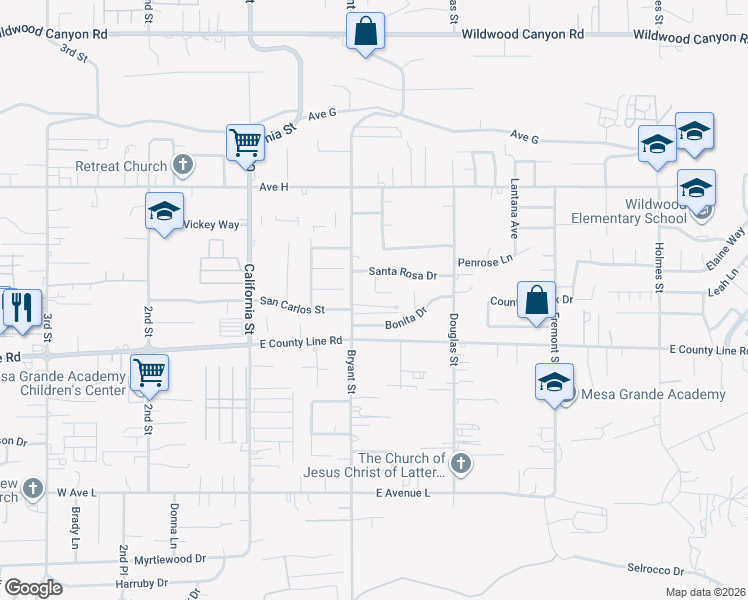 map of restaurants, bars, coffee shops, grocery stores, and more near 35339 San Pablo Drive in Yucaipa
