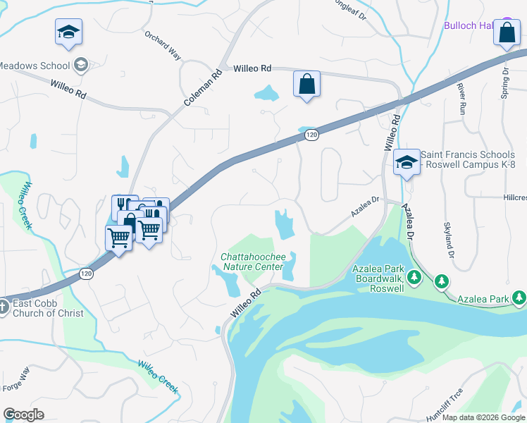 map of restaurants, bars, coffee shops, grocery stores, and more near 2035 Azalea Drive in Roswell