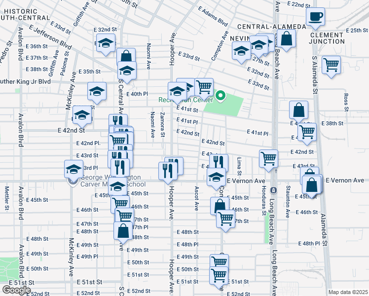 map of restaurants, bars, coffee shops, grocery stores, and more near 1330 East 42nd Place in Los Angeles
