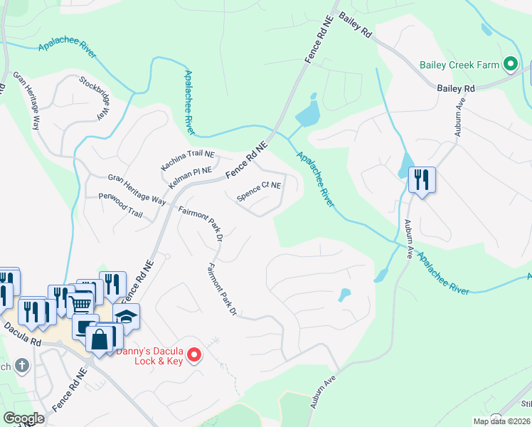 map of restaurants, bars, coffee shops, grocery stores, and more near 2760 Austin Ridge Drive Northeast in Dacula