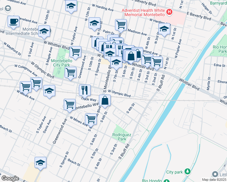 map of restaurants, bars, coffee shops, grocery stores, and more near 252 South 7th Street in Montebello