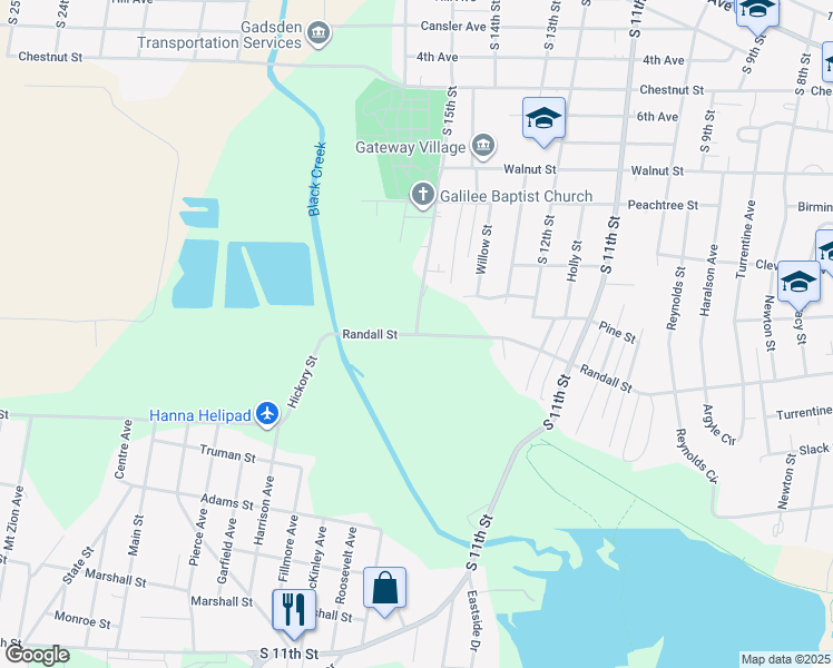 map of restaurants, bars, coffee shops, grocery stores, and more near 1100 South 15th Street in Gadsden