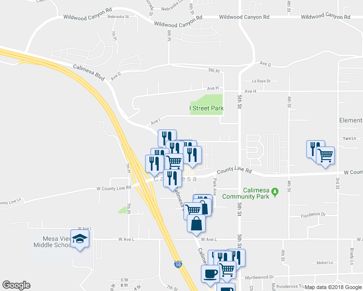 map of restaurants, bars, coffee shops, grocery stores, and more near 34093 Avenue J in Yucaipa