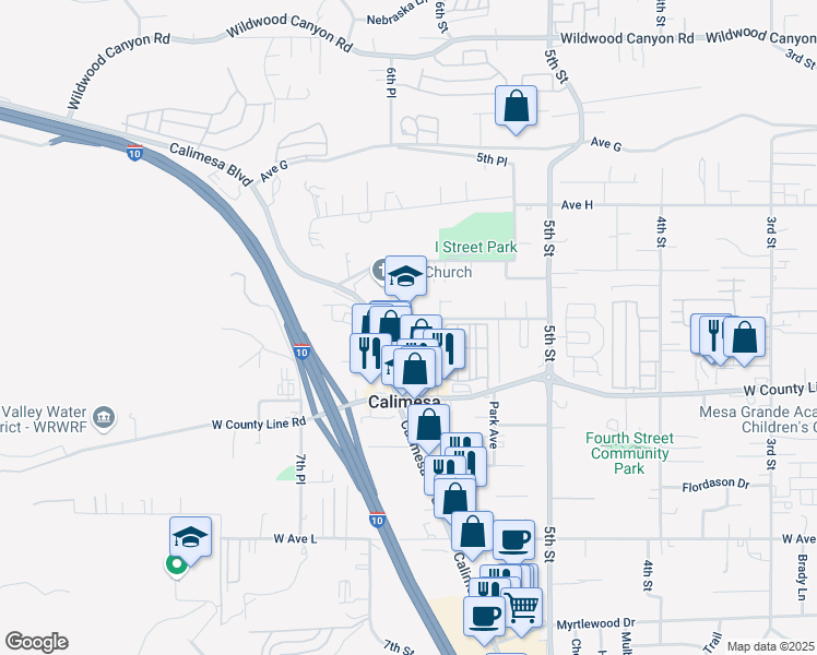 map of restaurants, bars, coffee shops, grocery stores, and more near 34093 Avenue J in Yucaipa