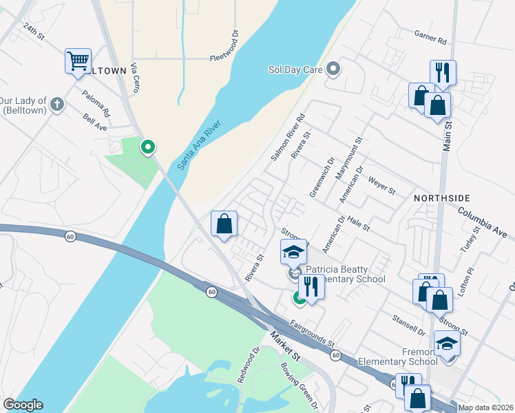 map of restaurants, bars, coffee shops, grocery stores, and more near 4547 Nicole Way in Riverside