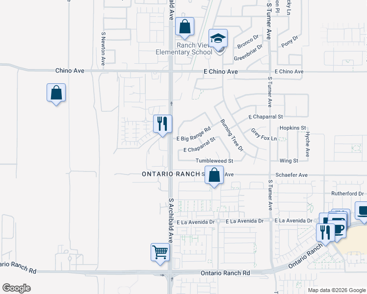 map of restaurants, bars, coffee shops, grocery stores, and more near 2717 East Chaparral Street in Ontario