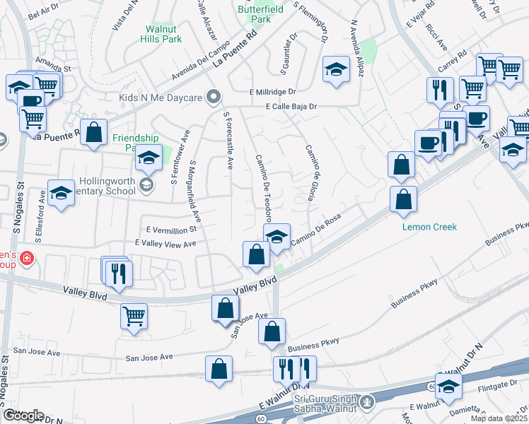 map of restaurants, bars, coffee shops, grocery stores, and more near 19614 Lencho Place in Walnut