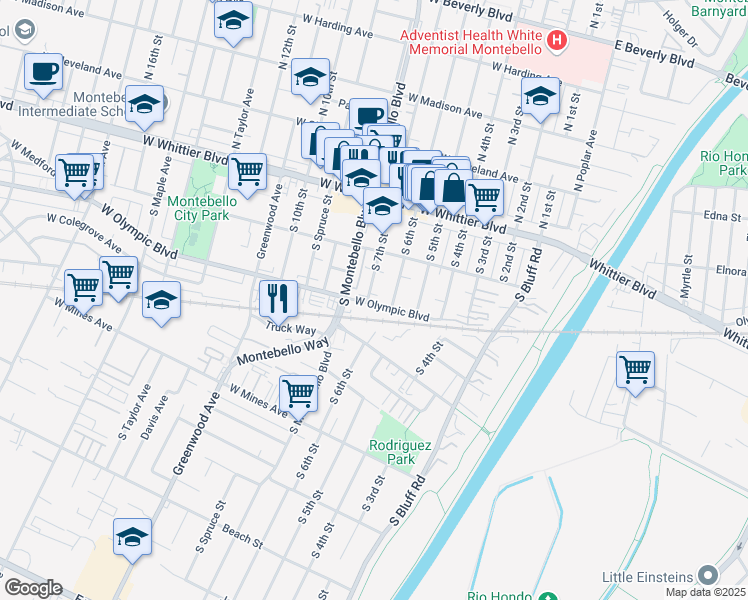 map of restaurants, bars, coffee shops, grocery stores, and more near 241 South 7th Street in Montebello