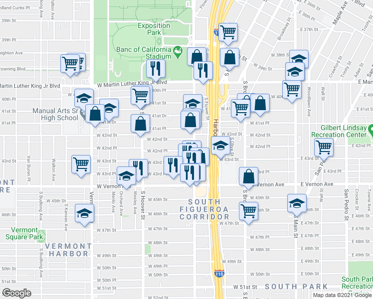 map of restaurants, bars, coffee shops, grocery stores, and more near 533 West 42nd Place in Los Angeles