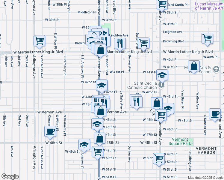 map of restaurants, bars, coffee shops, grocery stores, and more near 4224 South Harvard Boulevard in Los Angeles