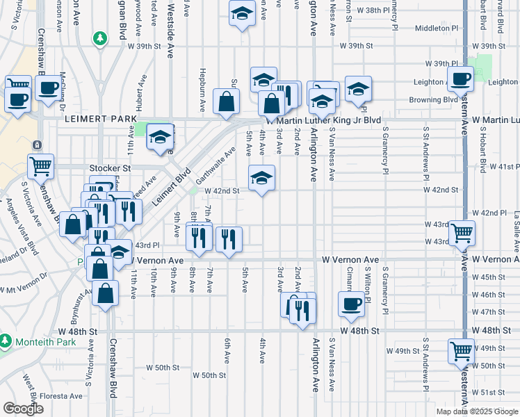 map of restaurants, bars, coffee shops, grocery stores, and more near 4228 4th Avenue in Los Angeles