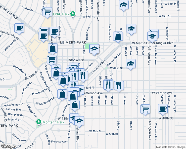 map of restaurants, bars, coffee shops, grocery stores, and more near 4264 Leimert Boulevard in Los Angeles