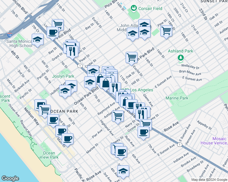 map of restaurants, bars, coffee shops, grocery stores, and more near 5 Hill Place North in Santa Monica
